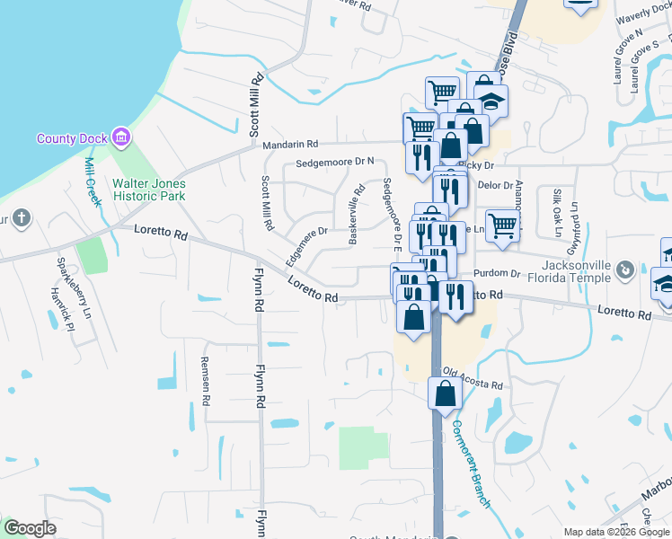 map of restaurants, bars, coffee shops, grocery stores, and more near 11628 Sedgemoore Drive South in Jacksonville