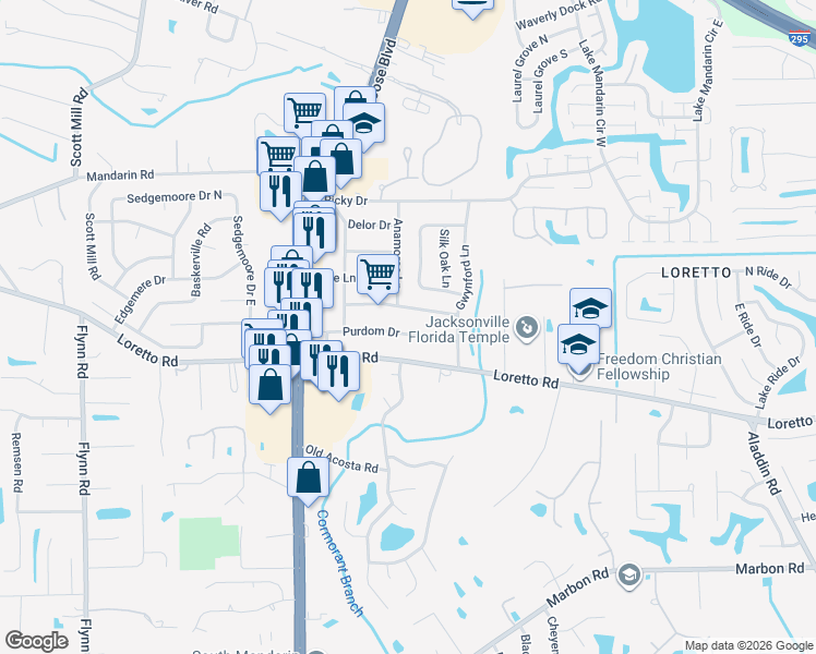 map of restaurants, bars, coffee shops, grocery stores, and more near 3105 Purdom Drive in Jacksonville