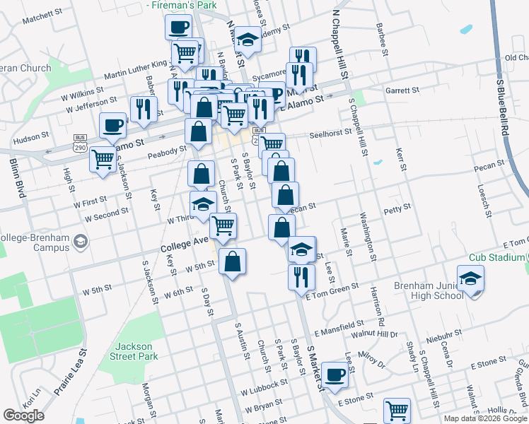 map of restaurants, bars, coffee shops, grocery stores, and more near 706 South Baylor Street in Brenham