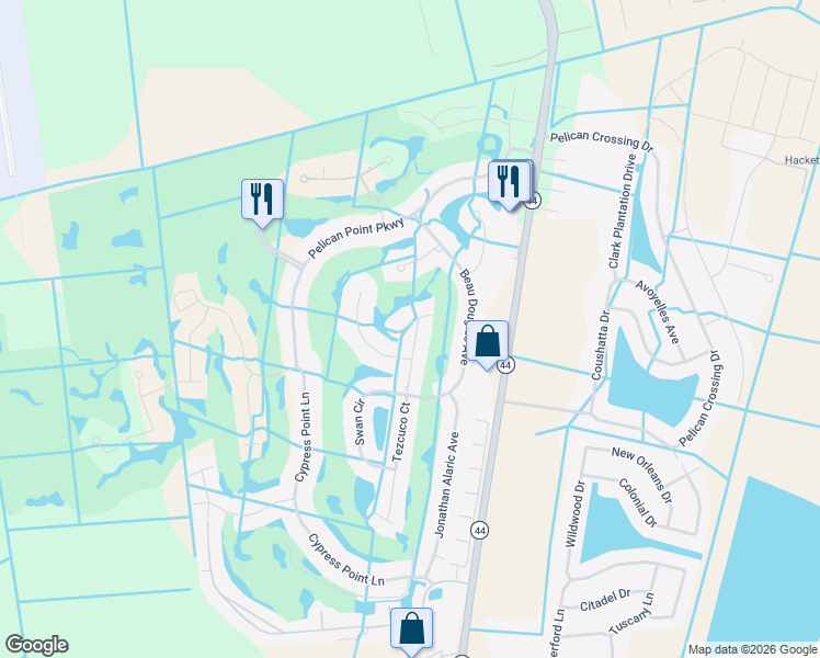 map of restaurants, bars, coffee shops, grocery stores, and more near 6295 Tezcuco Court in Gonzales