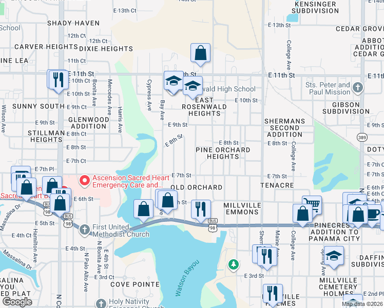 map of restaurants, bars, coffee shops, grocery stores, and more near 715 Cactus Avenue in Panama City