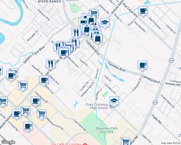 map of restaurants, bars, coffee shops, grocery stores, and more near 422 Quail Drive in Lafayette
