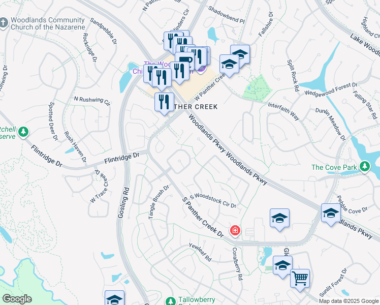 map of restaurants, bars, coffee shops, grocery stores, and more near 68 East White Willow Circle in The Woodlands