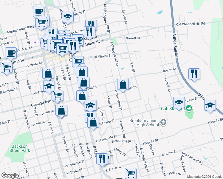 map of restaurants, bars, coffee shops, grocery stores, and more near 707 East Germania Street in Brenham