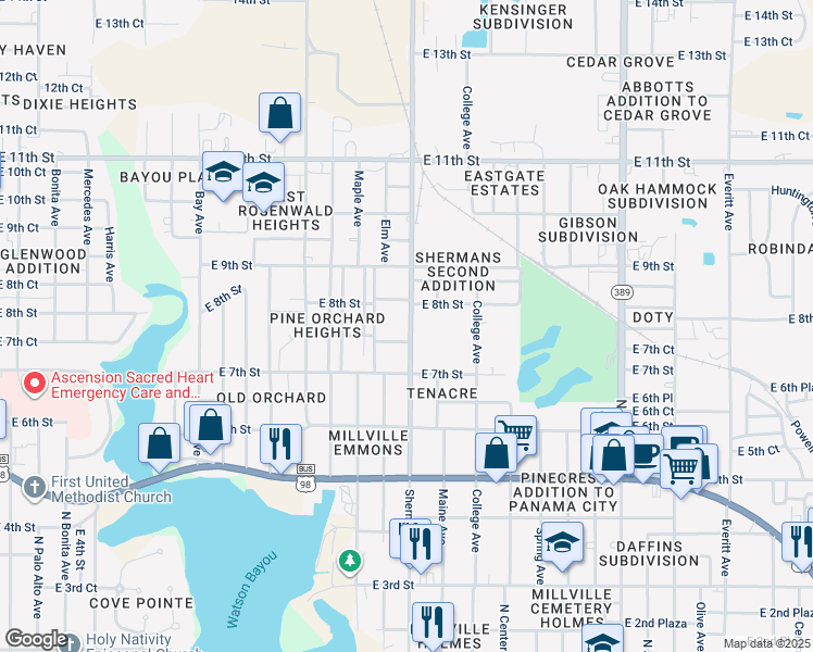 map of restaurants, bars, coffee shops, grocery stores, and more near 723 Sherman Avenue in Panama City
