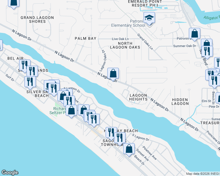 map of restaurants, bars, coffee shops, grocery stores, and more near 7813 North Lagoon Drive in Panama City