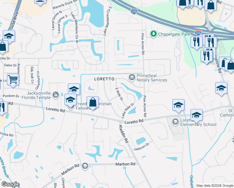 map of restaurants, bars, coffee shops, grocery stores, and more near 3591 Grassy Ride Drive in Jacksonville