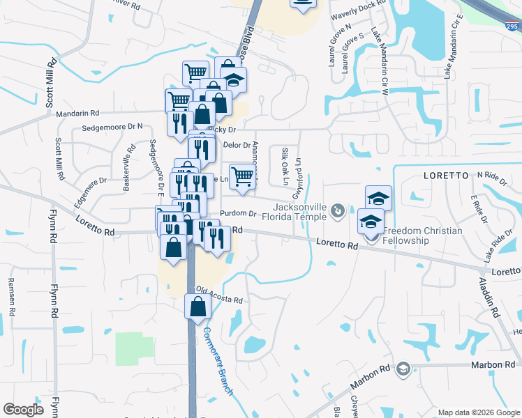 map of restaurants, bars, coffee shops, grocery stores, and more near 3105 Purdom Drive in Jacksonville