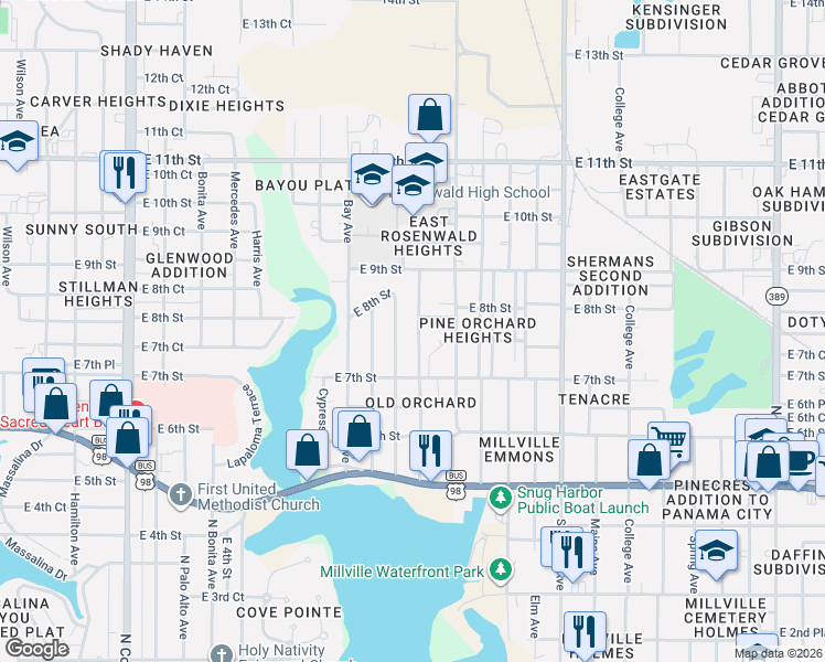 map of restaurants, bars, coffee shops, grocery stores, and more near 715 Cactus Avenue in Panama City