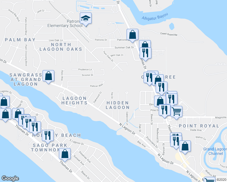 map of restaurants, bars, coffee shops, grocery stores, and more near 3606 Tiki Drive in Panama City Beach