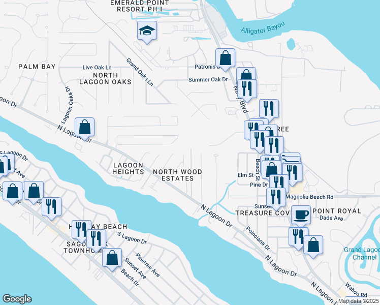 map of restaurants, bars, coffee shops, grocery stores, and more near 3606 Tiki Drive in Panama City Beach