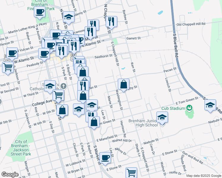 map of restaurants, bars, coffee shops, grocery stores, and more near 707 East Germania Street in Brenham