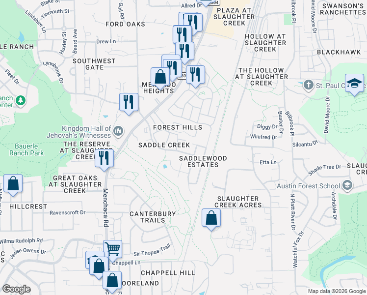 map of restaurants, bars, coffee shops, grocery stores, and more near 10801 Old Manchaca Road in Austin