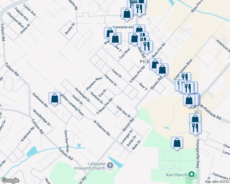 map of restaurants, bars, coffee shops, grocery stores, and more near 102 Cindy Drive in Lafayette