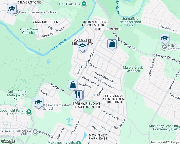 map of restaurants, bars, coffee shops, grocery stores, and more near 7733 Marble Crest Drive in Austin