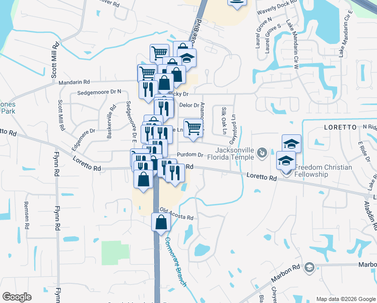 map of restaurants, bars, coffee shops, grocery stores, and more near 3067 Purdom Drive in Jacksonville