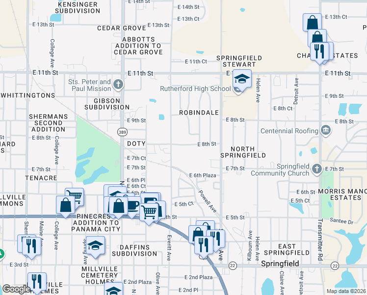 map of restaurants, bars, coffee shops, grocery stores, and more near 3104 East 8th Street in Panama City