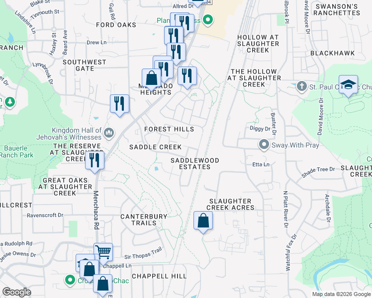 map of restaurants, bars, coffee shops, grocery stores, and more near 1501 Geoffs Drive in Austin