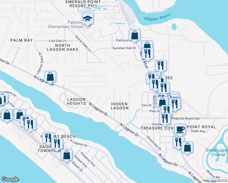 map of restaurants, bars, coffee shops, grocery stores, and more near 3606 Tiki Drive in Panama City