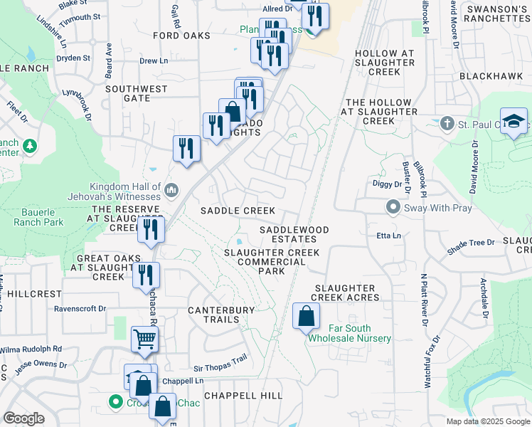 map of restaurants, bars, coffee shops, grocery stores, and more near 10803 Old Manchaca Road in Austin