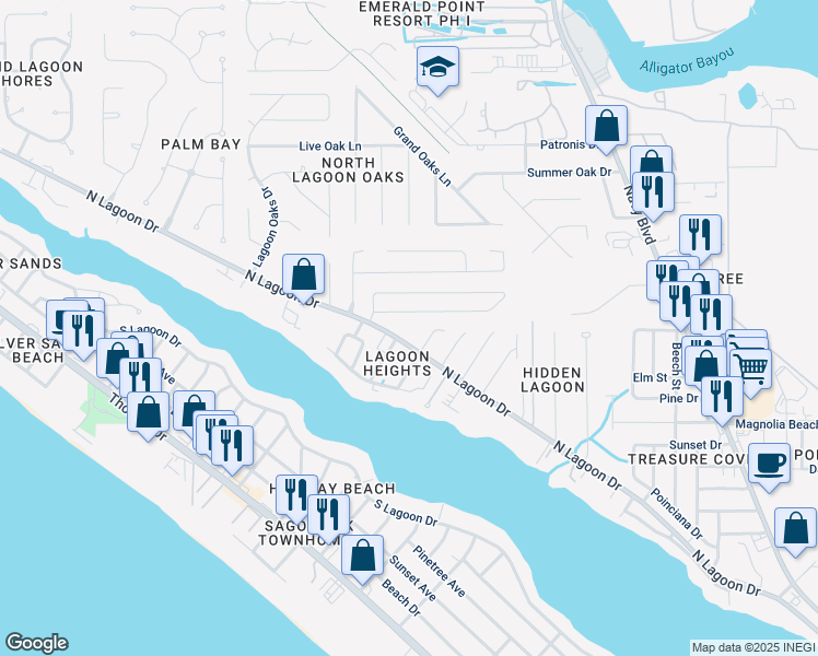 map of restaurants, bars, coffee shops, grocery stores, and more near 7116 North Lagoon Drive in Panama City