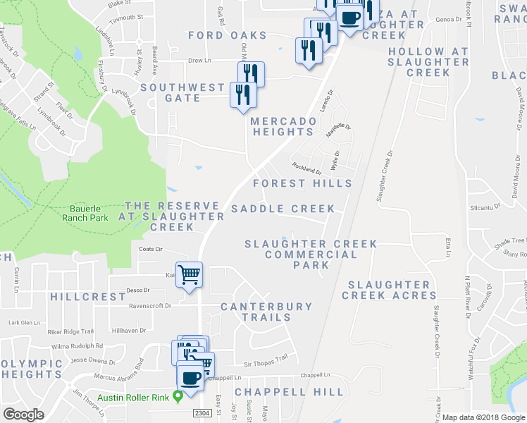map of restaurants, bars, coffee shops, grocery stores, and more near 10804 Old Manchaca Road in Austin