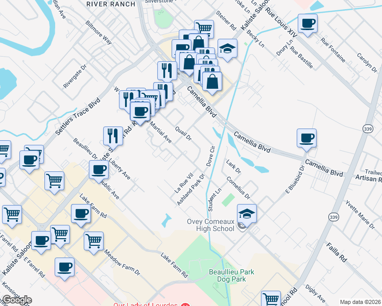 map of restaurants, bars, coffee shops, grocery stores, and more near 422 Quail Drive in Lafayette