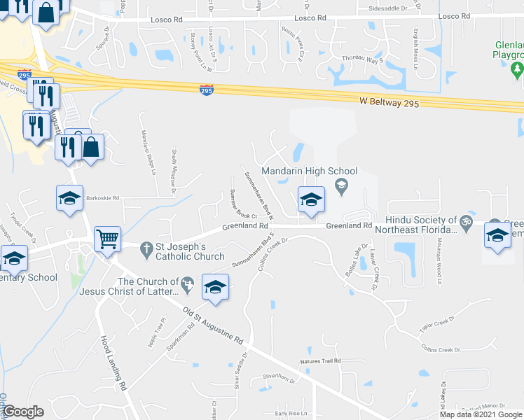 map of restaurants, bars, coffee shops, grocery stores, and more near 11633 Summer Brook Court in Jacksonville