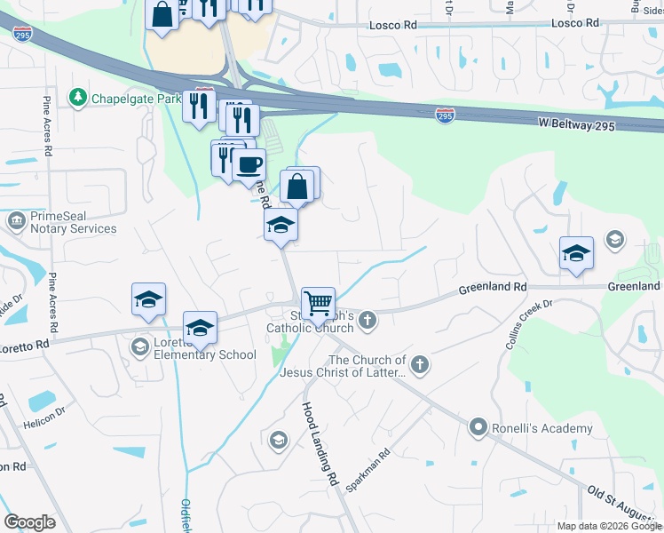 map of restaurants, bars, coffee shops, grocery stores, and more near 11524 Oak Moss Trail in Jacksonville