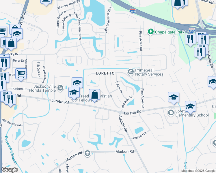 map of restaurants, bars, coffee shops, grocery stores, and more near 11577 West Ride Drive in Jacksonville