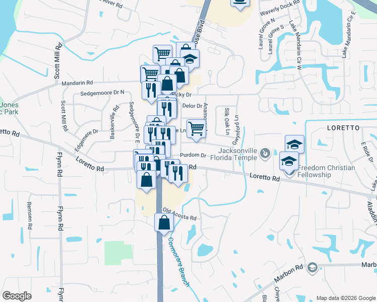 map of restaurants, bars, coffee shops, grocery stores, and more near 3067 Purdom Drive in Jacksonville