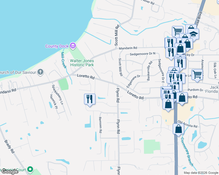 map of restaurants, bars, coffee shops, grocery stores, and more near 11623 Lady Clare Court in Jacksonville
