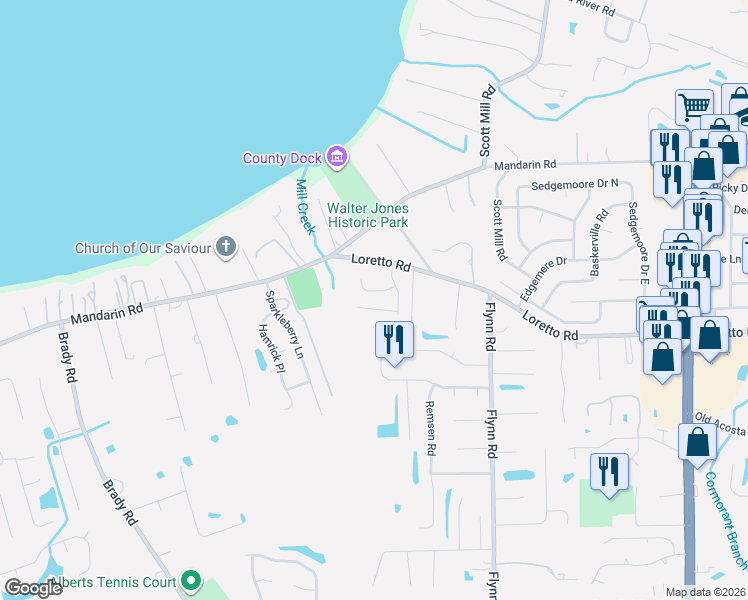 map of restaurants, bars, coffee shops, grocery stores, and more near 2448 Ivy Ford Lane in Jacksonville