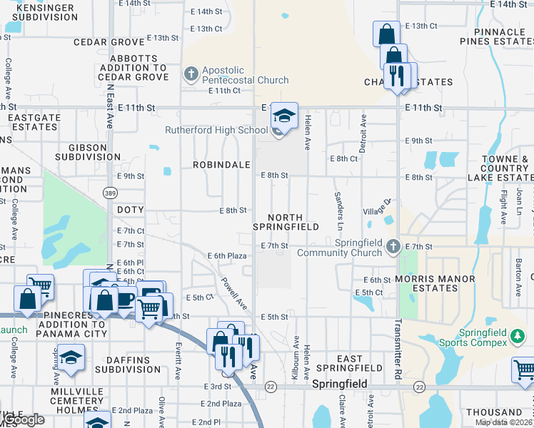 map of restaurants, bars, coffee shops, grocery stores, and more near 723-729 Sheffield Avenue in Panama City
