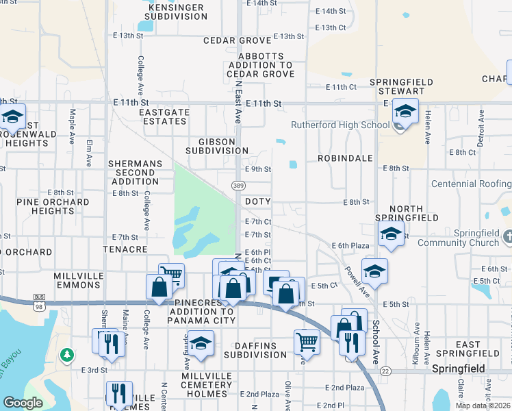 map of restaurants, bars, coffee shops, grocery stores, and more near 2709 East 8th Street in Panama City