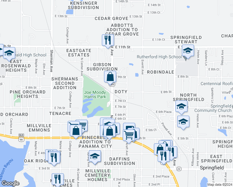 map of restaurants, bars, coffee shops, grocery stores, and more near 2709 East 8th Street in Panama City