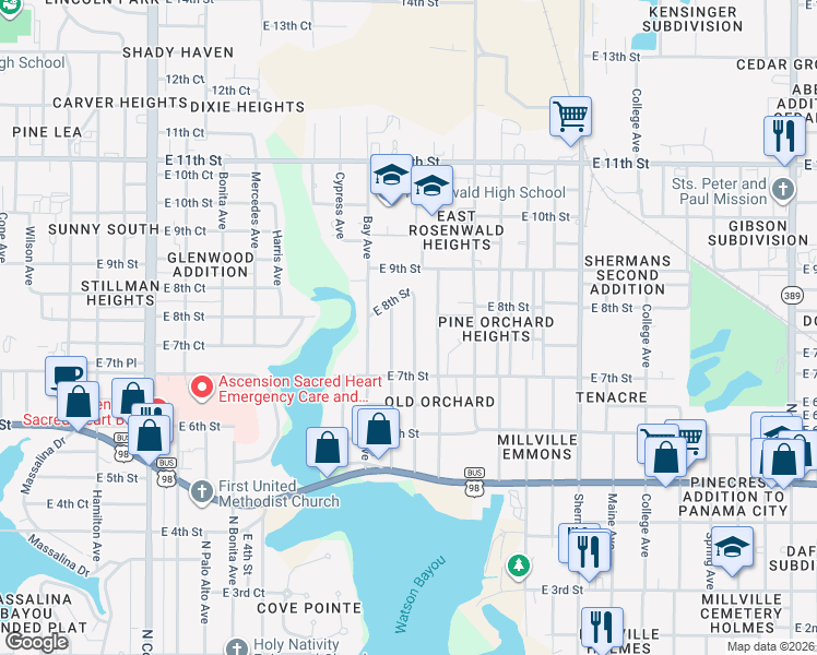 map of restaurants, bars, coffee shops, grocery stores, and more near 715 Cactus Avenue in Panama City