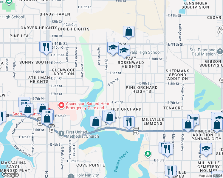 map of restaurants, bars, coffee shops, grocery stores, and more near 715 Williams Avenue in Panama City