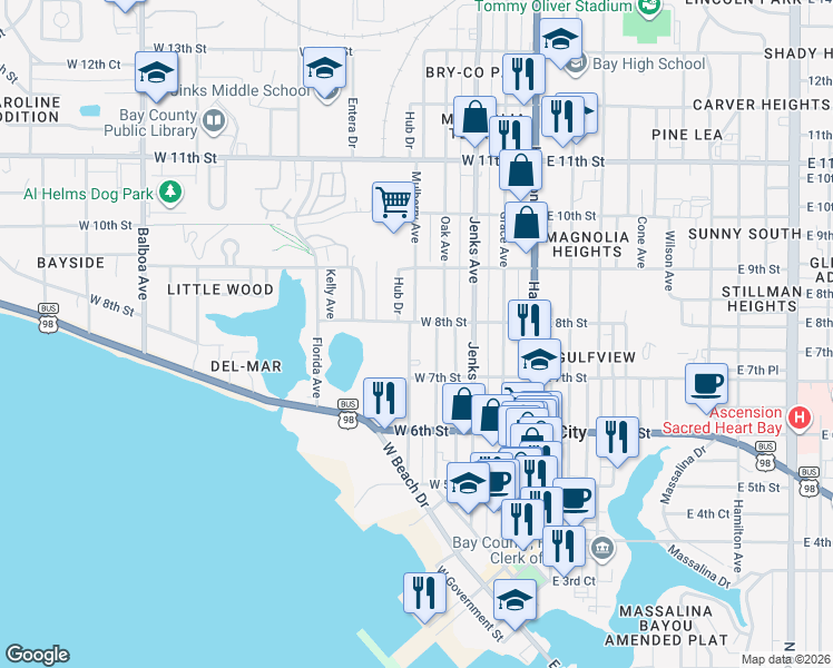 map of restaurants, bars, coffee shops, grocery stores, and more near 728 Mulberry Avenue in Panama City