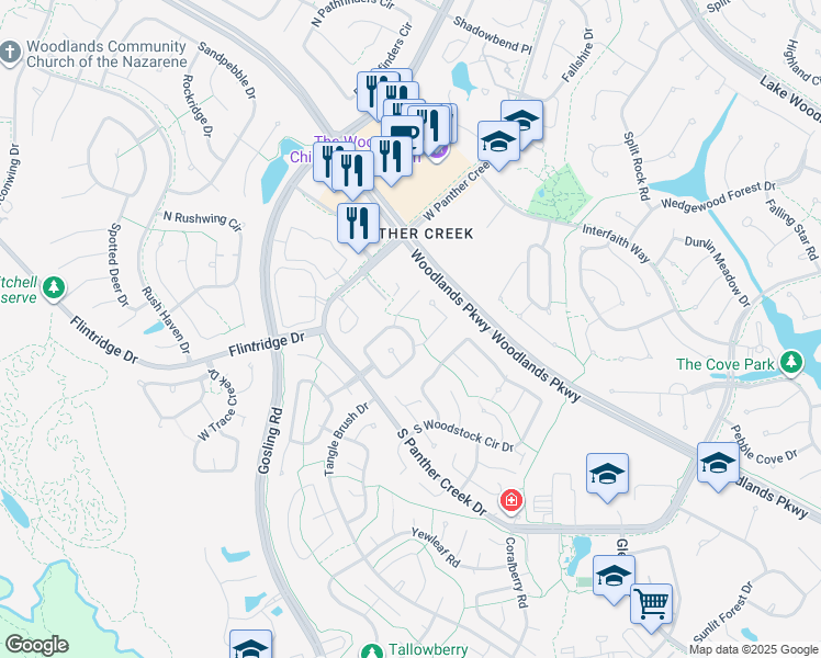 map of restaurants, bars, coffee shops, grocery stores, and more near 68 East White Willow Circle in The Woodlands