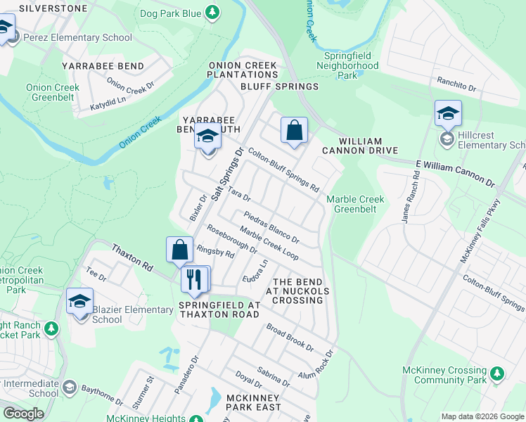 map of restaurants, bars, coffee shops, grocery stores, and more near 6537 Tara Drive in Austin