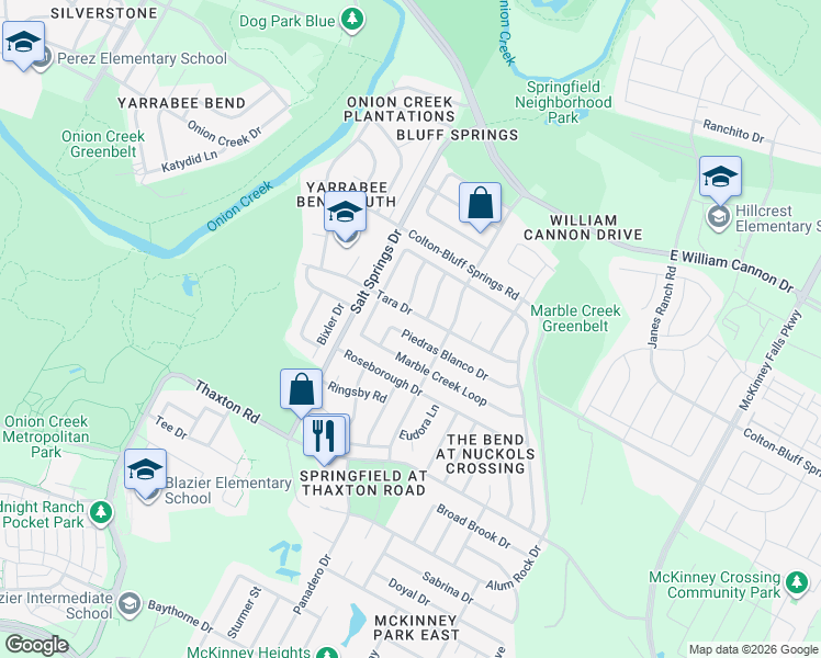 map of restaurants, bars, coffee shops, grocery stores, and more near 6508 Piedras Blanco Drive in Austin