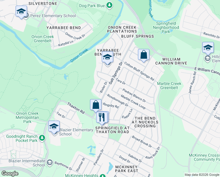 map of restaurants, bars, coffee shops, grocery stores, and more near 7733 Marble Crest Drive in Austin