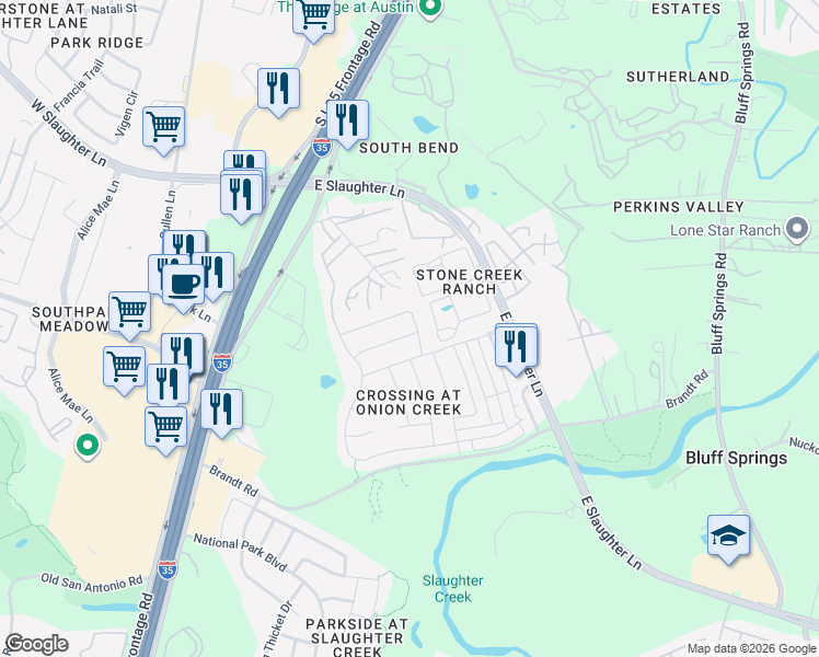map of restaurants, bars, coffee shops, grocery stores, and more near 2110 Charlotte Estates Drive in Austin