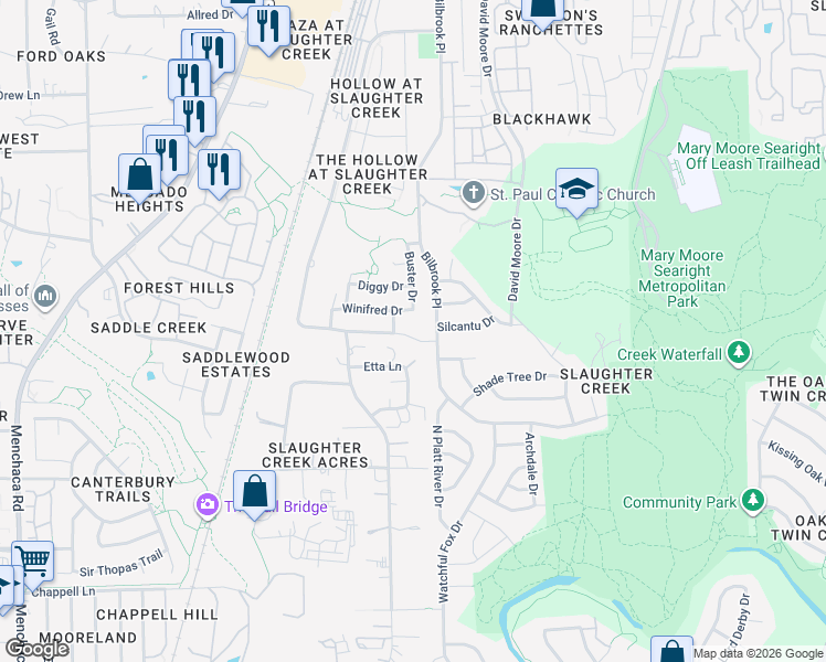 map of restaurants, bars, coffee shops, grocery stores, and more near 10404 Bilbrook Place in Austin