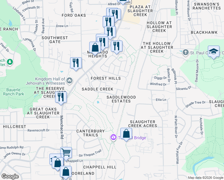 map of restaurants, bars, coffee shops, grocery stores, and more near 1501 Geoffs Drive in Austin