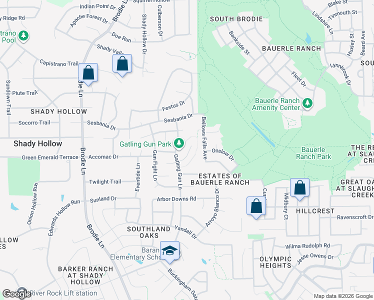map of restaurants, bars, coffee shops, grocery stores, and more near 2909 Six Gun Trail in Austin