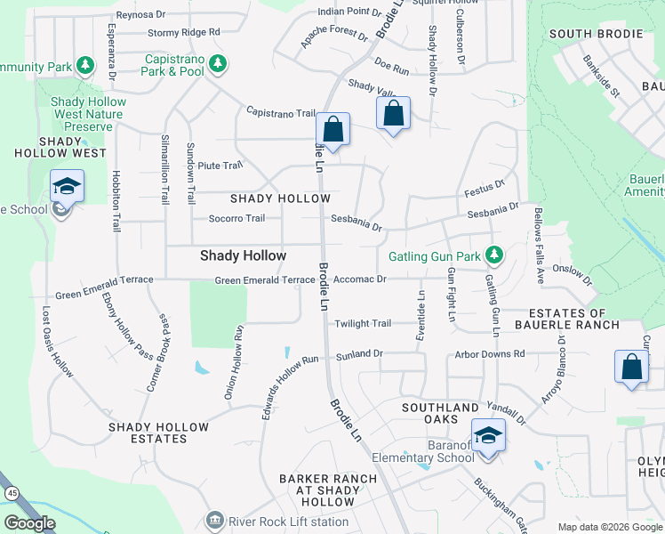 map of restaurants, bars, coffee shops, grocery stores, and more near 11639-11677 Brodie Lane in Austin
