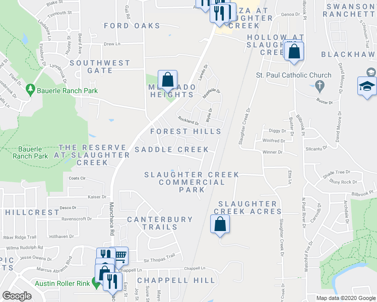 map of restaurants, bars, coffee shops, grocery stores, and more near 10901 Old Manchaca Road in Austin
