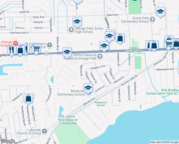 map of restaurants, bars, coffee shops, grocery stores, and more near 2200 Gabriel Drive in Orange Park